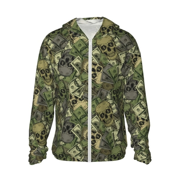 Fotbe Green Skulls Chaqueta con Protección Solar UPF 50+ para Hombre y Mujer, Camisa con Capucha y Bolsillos-XX-Large