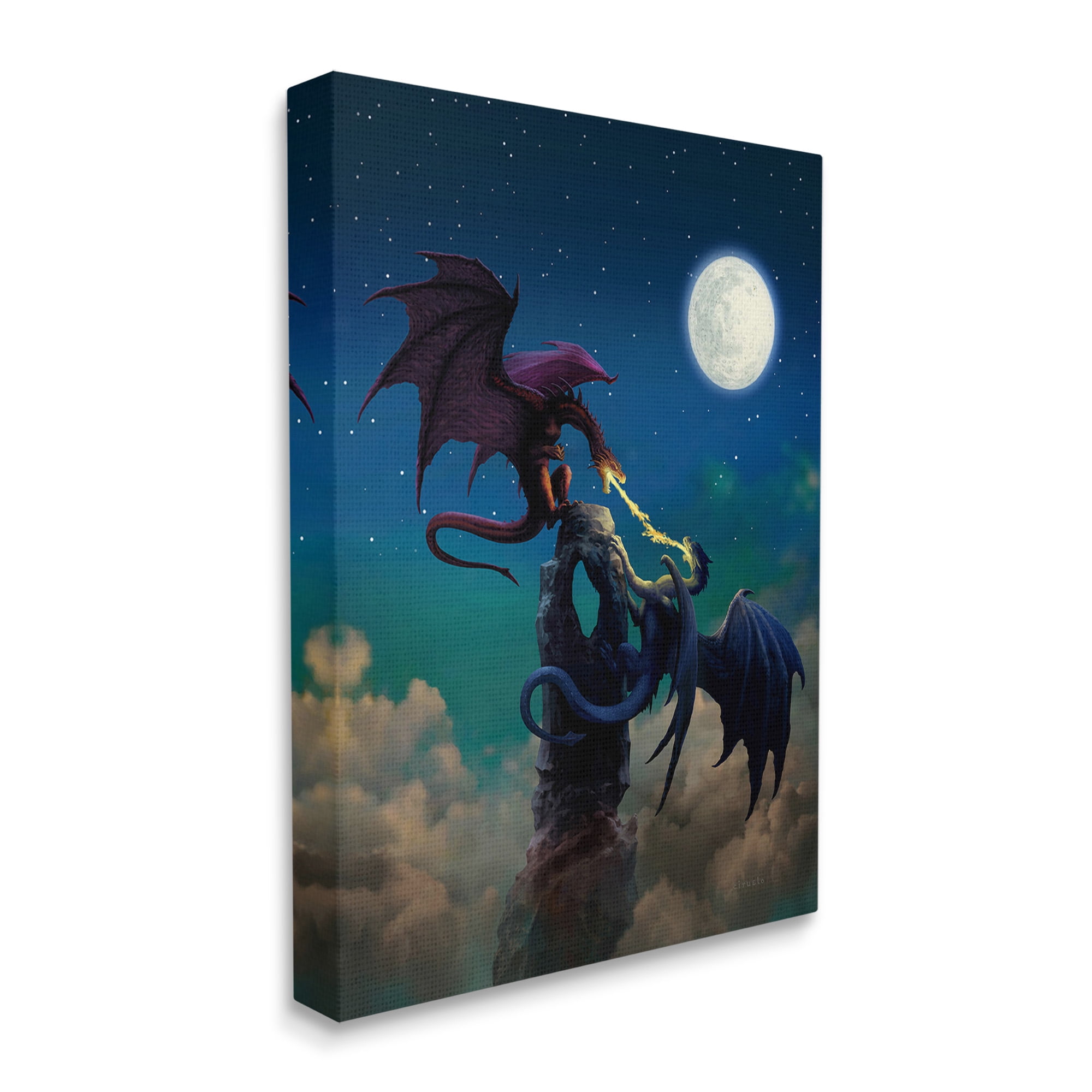 Stupell Industries Battling Dragons at Night Fairy Tales & Fantasy Painting Gallery Wrapped Canvas Art Print Wall Art, 36 x 48