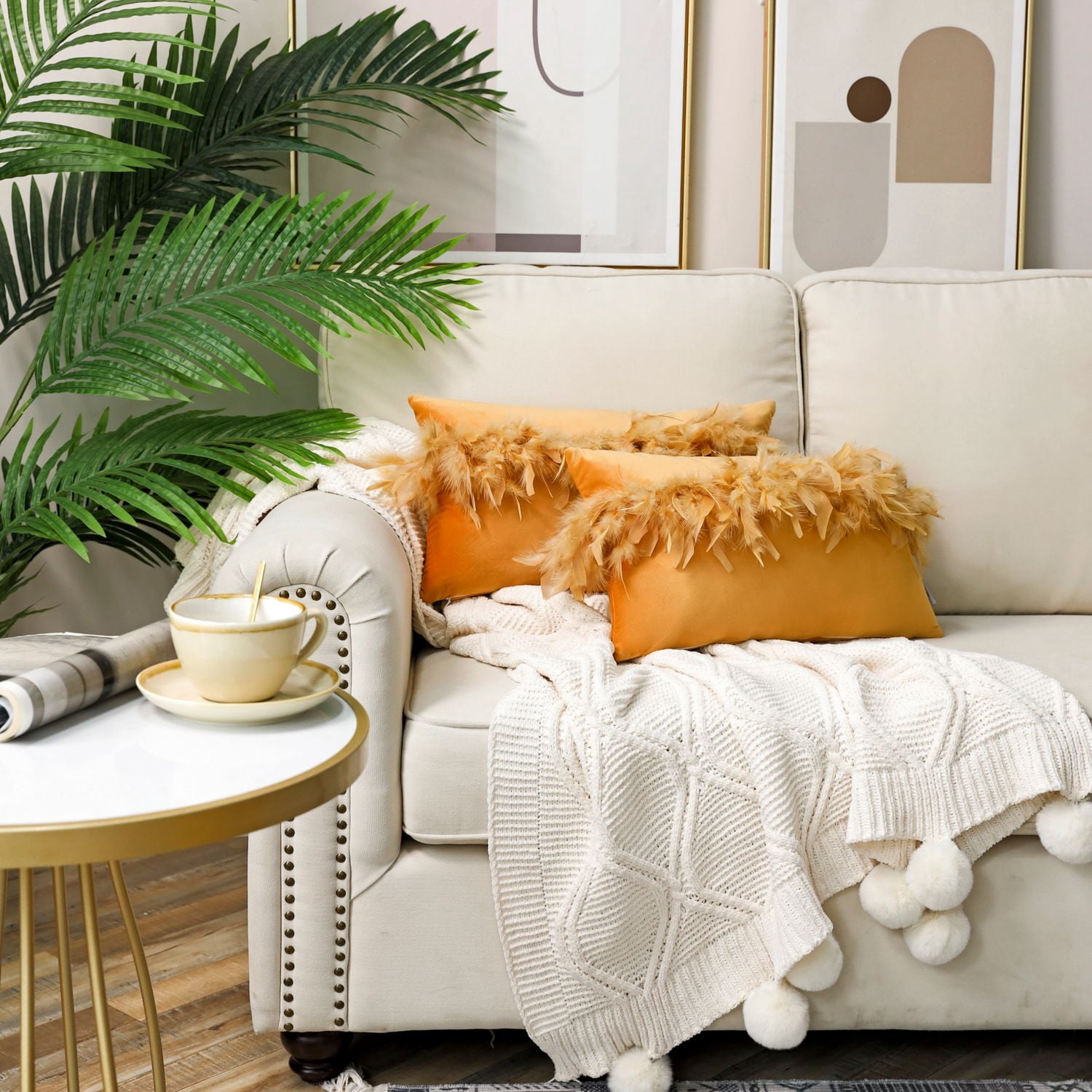 Phantoscope Feather Velvet Decorative Throw Pillows, 12 x 20 in, Orange, 2 Pack