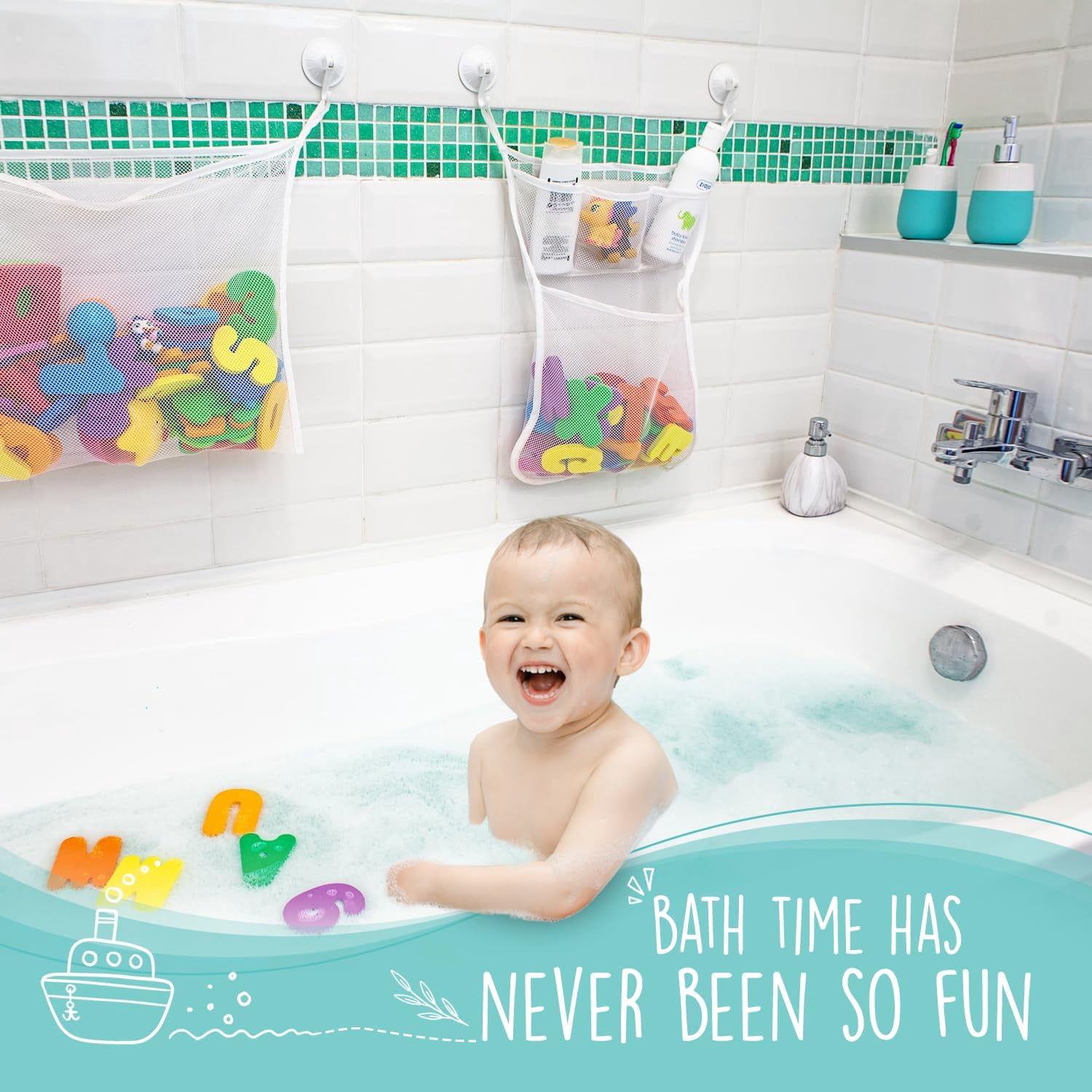 2 x Mesh Bath Toy Organizer With 36 Bath Letters & Numbers , Educational Foam Letters and Perfect Toy Storage Net for Baby Bath Toys