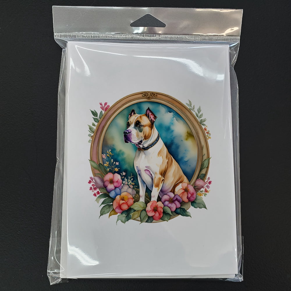 American Staffordshire Terrier and Flowers Greeting Cards and Envelopes Pack of 8 7 in x 5 in