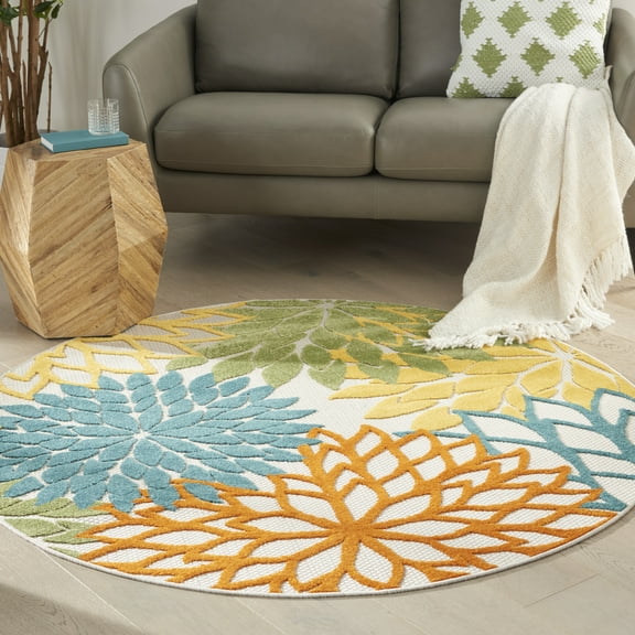 Nourison Aloha Indoor/Outdoor Tropical Floral Turquoise Multicolor 4' x round Area Rug, (4' Round)