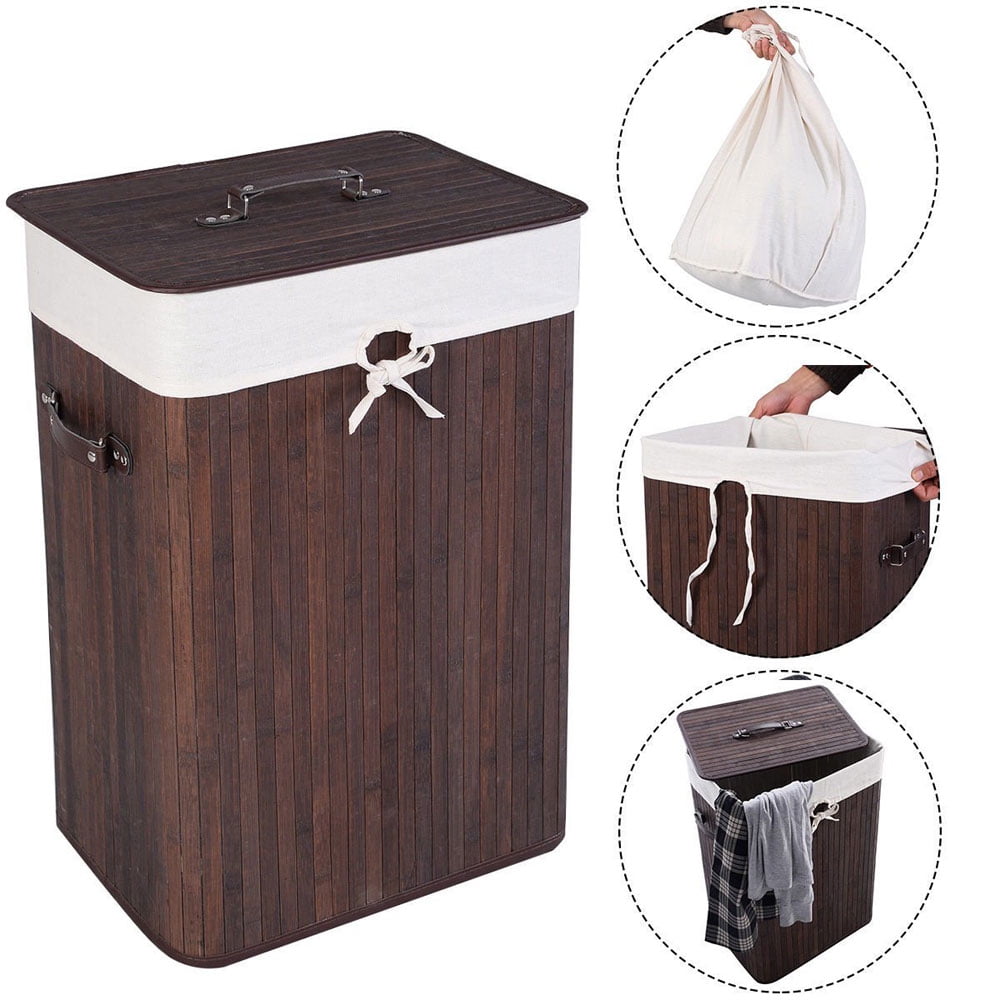 Laundry Basket for Home, Dark Brown Single Lattice Bamboo Slim Laundry