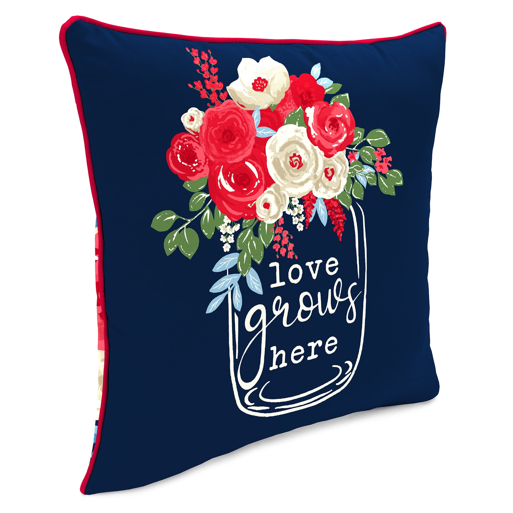 Jordan Manufacturing 16" x 16" Love Grows Here Navy Novelty and Multicolor Floral Reversible Square Outdoor Throw Pillow with Welt