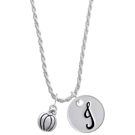 Delight Jewelry Silvertone Small Pumpkin Silvertone Script Initial Disc - J - Charm Necklace, 20"+3"