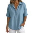 thumbnail image 4 of Hngshg Plus Size Tops for Women Linen Button Collared Comfy Short Sleeve Solid Color Casual Blouses Summer Vacation Going out Tops, 4 of 7