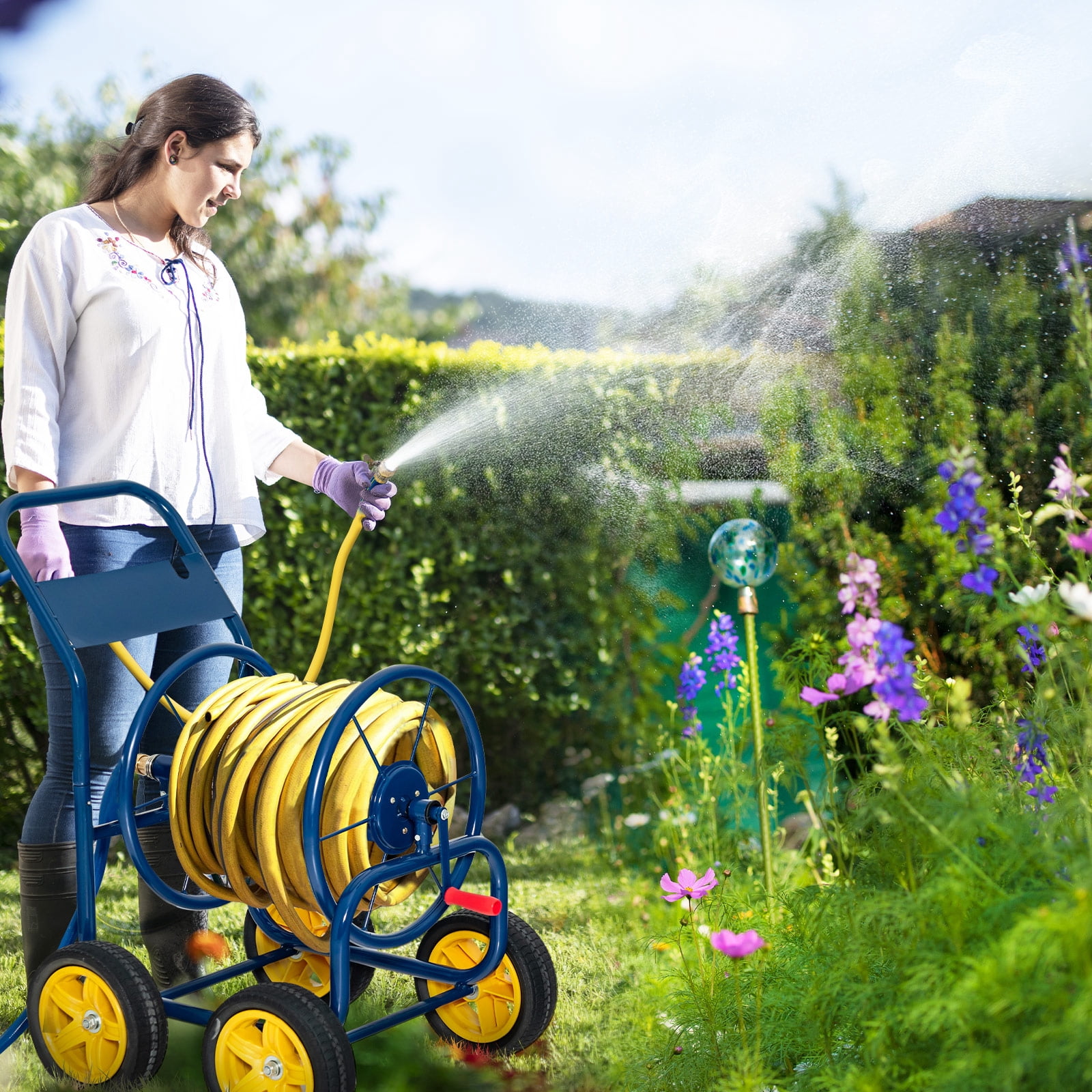 Topbuy 4-Wheel Garden Water Hose Reel Cart, Heavy Duty Wheel Water Planting Cart with Non-slip Crank Handle, Outdoor Slide Hose Guide System