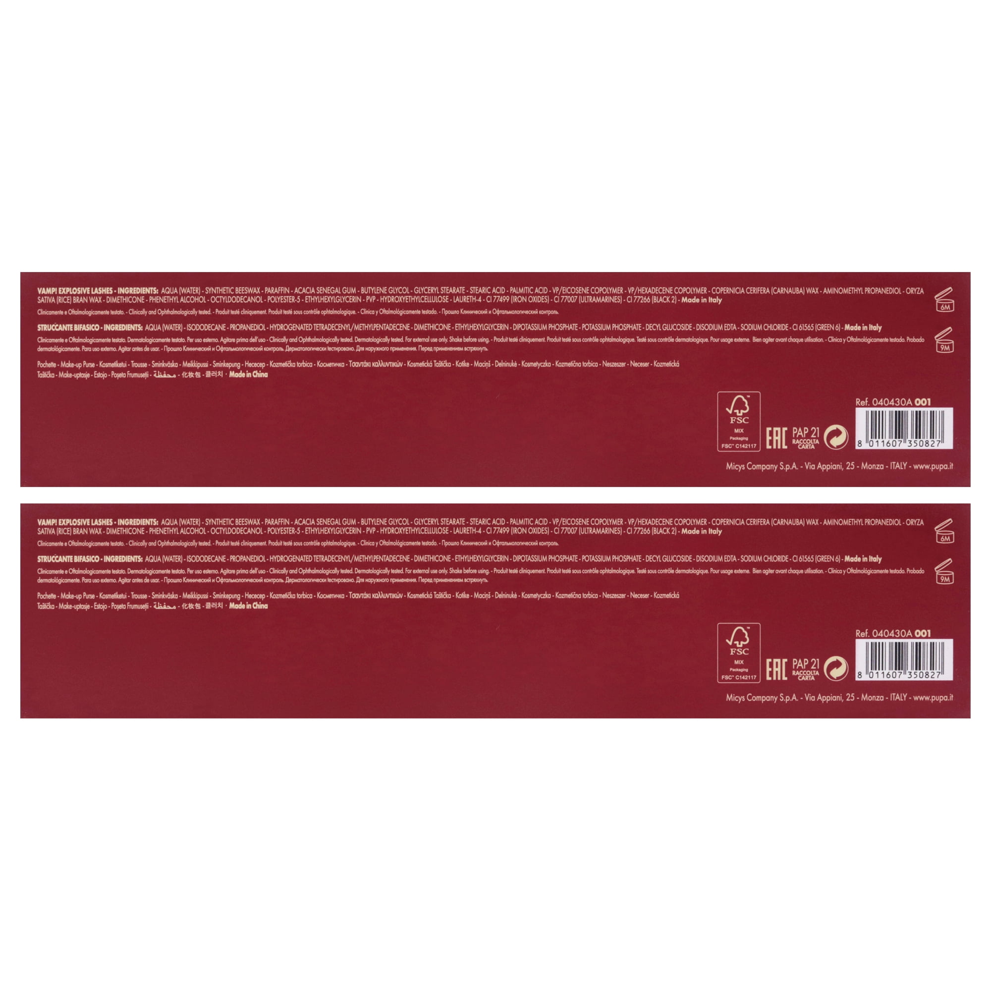 Pupa Milano Vamp! Explosive Lashes and Two-Phase Make-Up Remover Set - Pack of 2 , 3 Pc 0.40oz Vamp! Explosive Lashes - 110 Black, 1.69oz Two-Phase Make-Up Remover, Beauty Bag