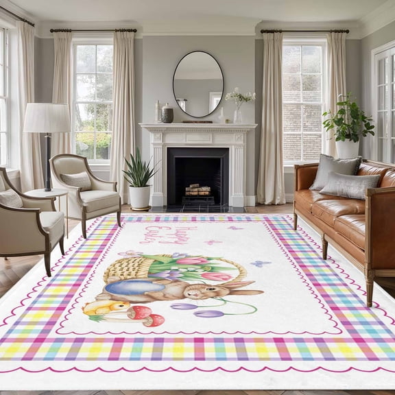 Large Area Rugs for Living Room Bedroom, Easter 8'x10' Rug Washable Carpet Runner Indoor Outdoor, Spring Tulip Floral Rabbits Butterfly Pastoral Non Slip Floor Mats Rug for Kitchen, Patio