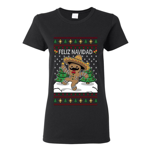 Wild Bobby Feliz Navidad Dancing Gingerbread Man Sweater | Holiday Women Graphic Tee