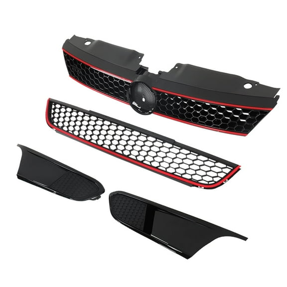 Labwork Front Bumper Upper & Lower Grille Kit Fit for 2011 2012 2013 2014 Volkswagen Jetta, Black & Red