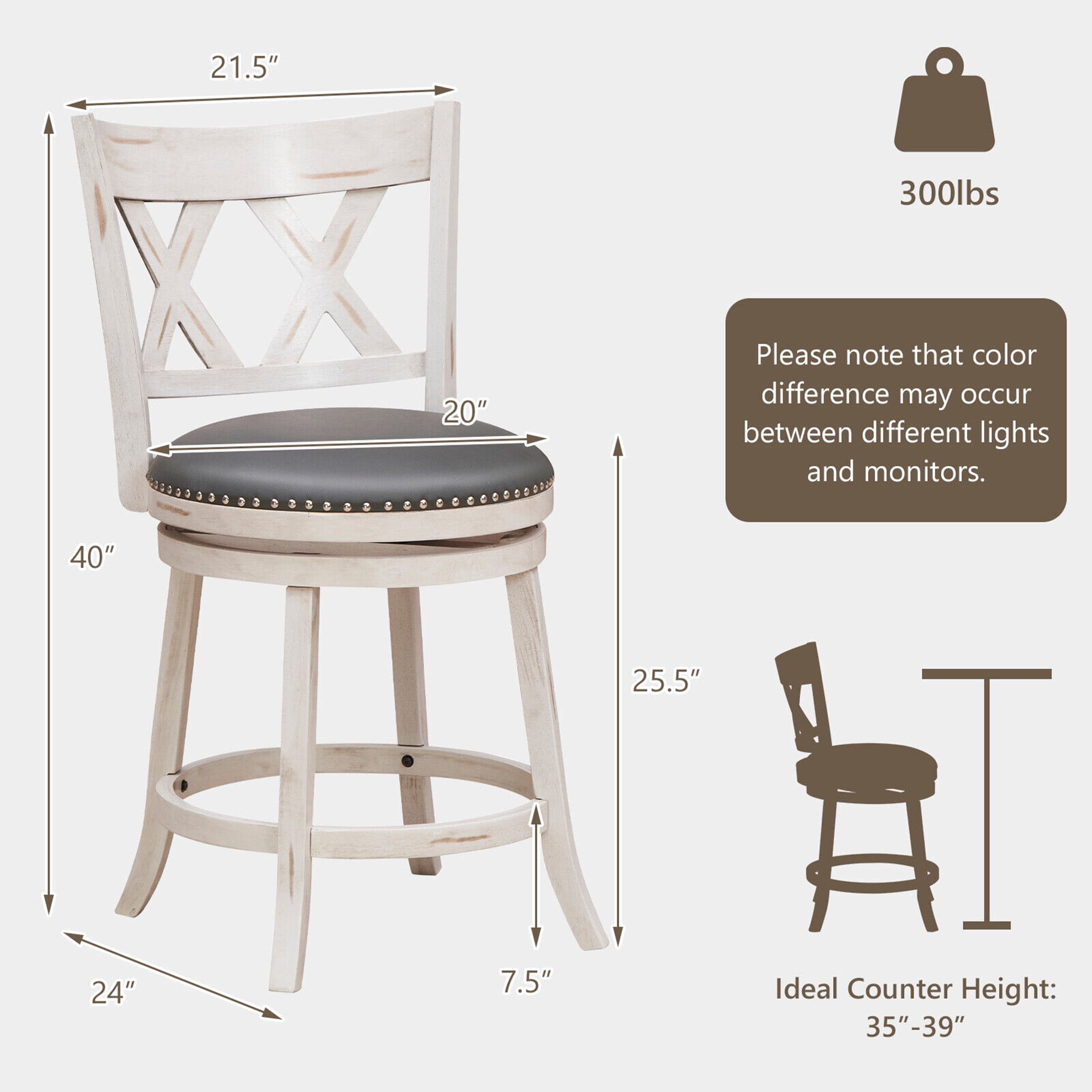 Gymax 25.5'' Swivel Bar Stools Set of 4 Solid Wood Stools w/ X-shaped Backrests Antique White & Gray