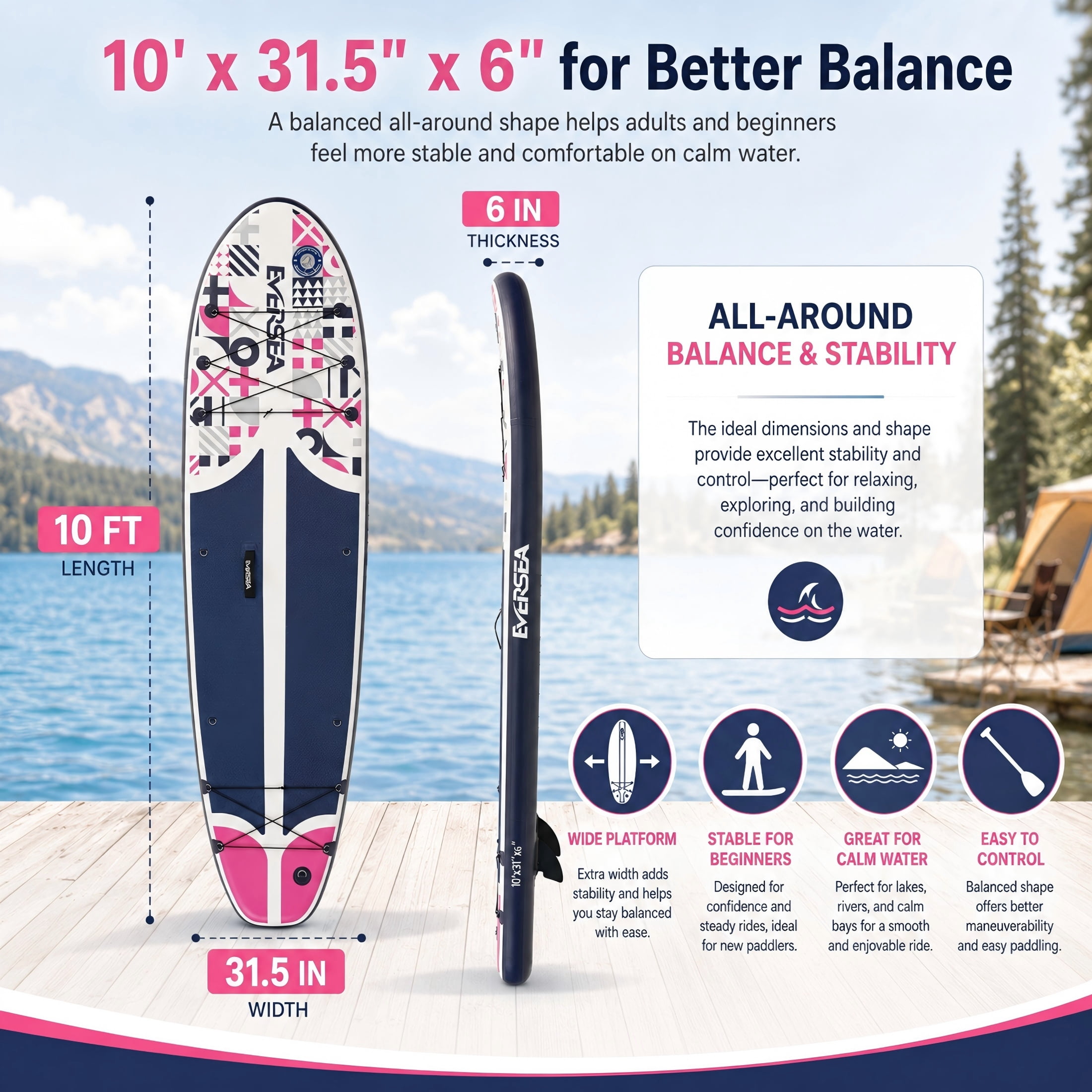 Rayocon Inflatable Paddle Board, 10ft Stand up SUP Board with Non-Slip EVA Deck, Stable Design and Premium Accessories