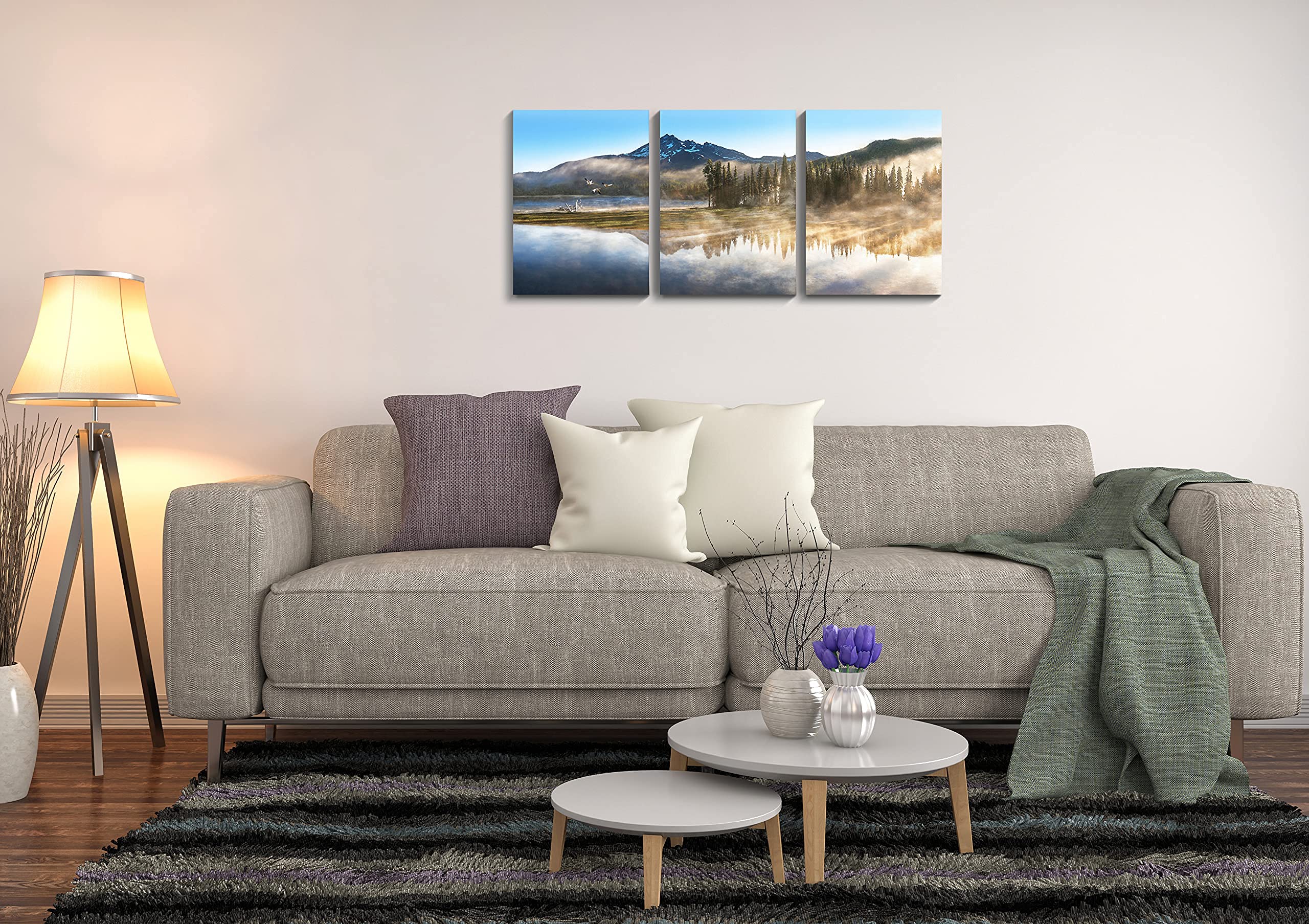 Mountain Canvas Wall Art For Living Room Paintings For Bedroom Wall Art Forest Landscape Art Large Picture Home Nature Wall Decor 3 Piece Wall Art Framed Ready to Hang Artwork, 12x16 inch x3 panels