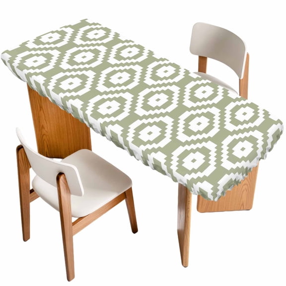 Sage Green White Geometric Table Cloths for 8 Foot Rectangle Tables, Modern Abstract Art Patio Waterproof Elastic Fitted Tablecloths, Washable Rectangular Table Cover for Camping
