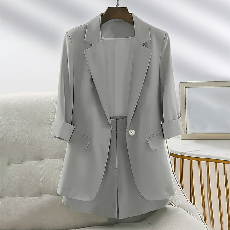 Women's 2 Piece Open Front Long Sleeve Blazer and Solid Short Pants Suit Sets