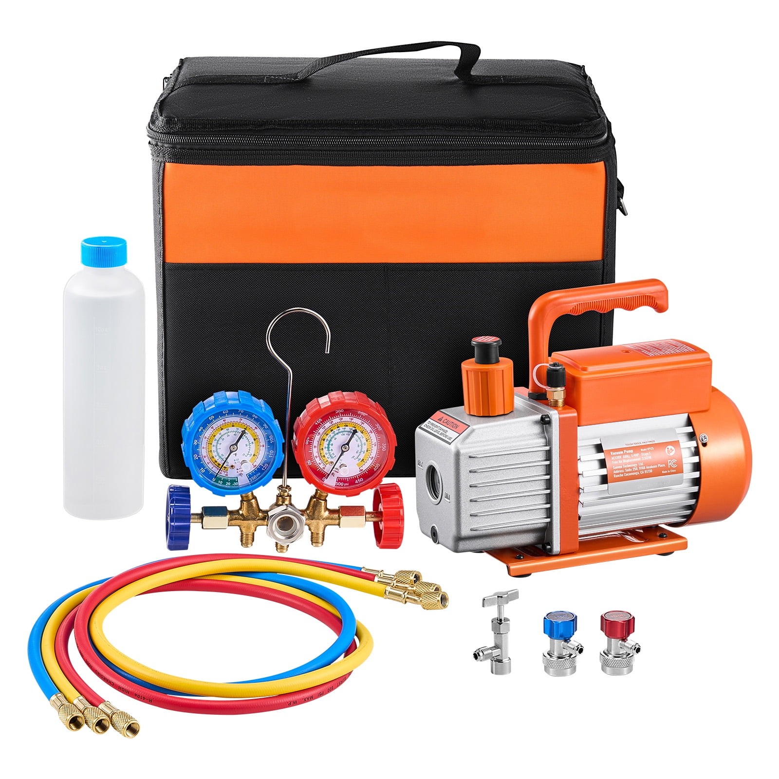 KFFKFF 3.5 CFM AC Suction Pump and Measurement Kit, One Phase Rotary Blade HVAC Air Suction Pump, A/C Coolant Manifold Measurement Set, inclusive of Tubes, Air Cooling Refrigeration