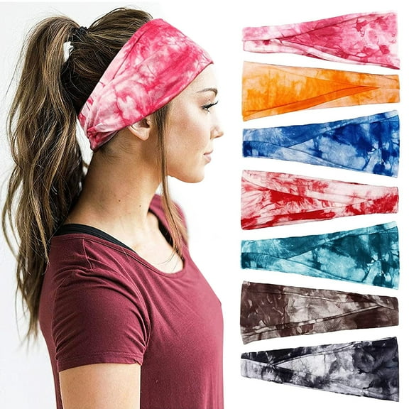 LNGOOR Yoga Headbands 7pcs Tie Dye Headbands Stretchy Cotton Headbands Elastic Non Slip Sports Hairbands for Women Girls Adults