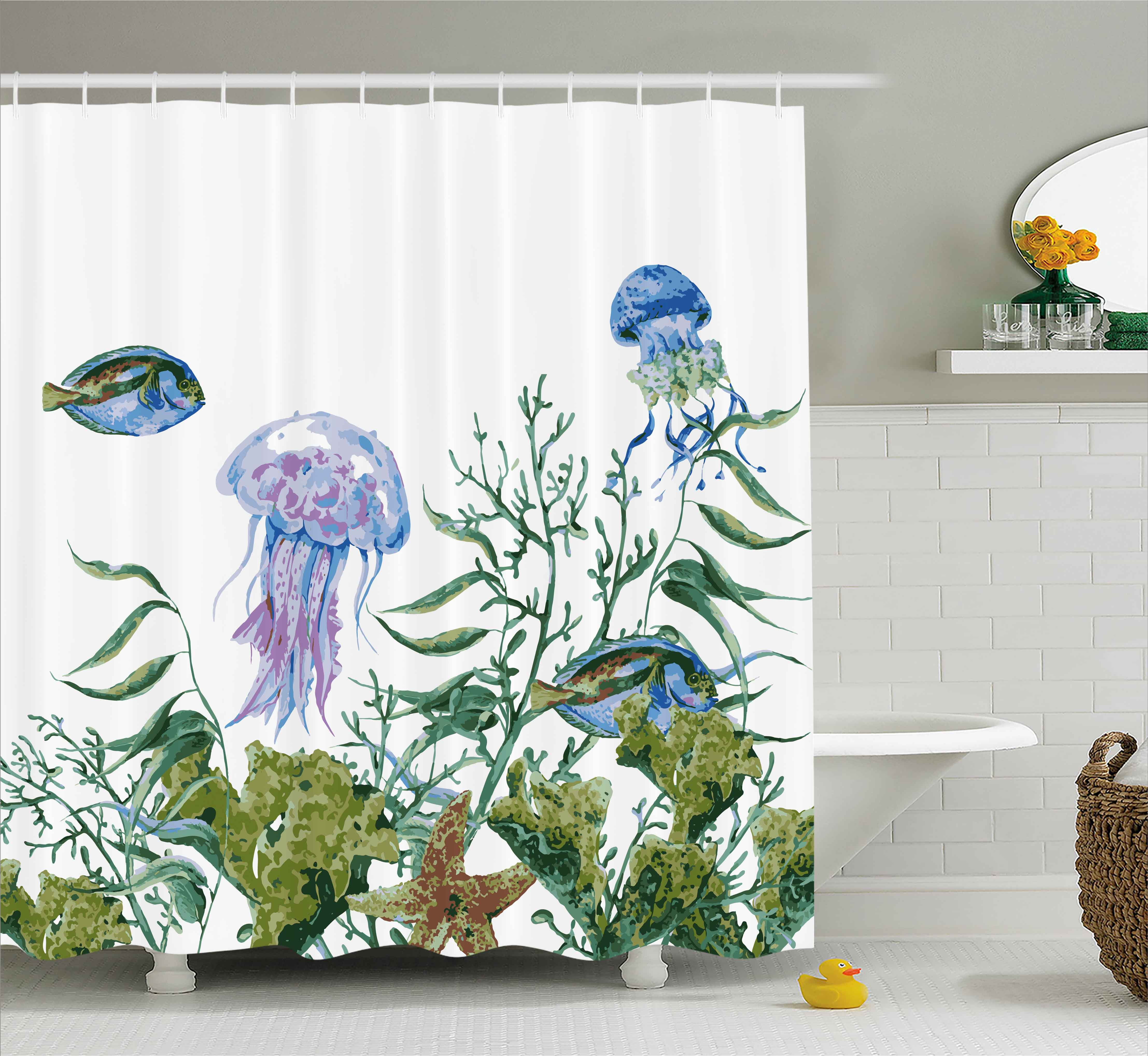 Ocean Shower Curtain, Watercolor Style Effect Sea Life Pattern with