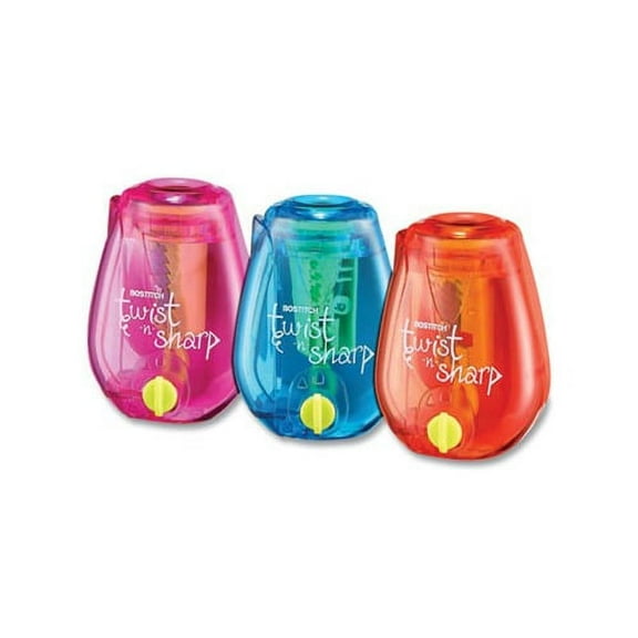 Twist-n-Sharp Pencil Sharpener One-Hole, 3.5 x 1.25 x 5.5, Assorted Colors, 3/Box