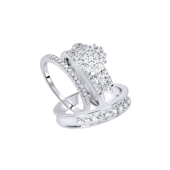 AFFY White Natural Diamond Engagement & Wedding Trio Bridal Ring Set In 10k White Gold (1 Cttw)