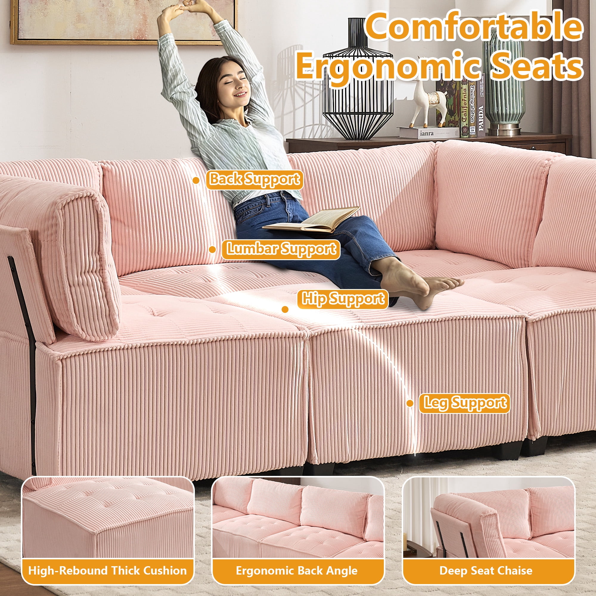 MOONMISS U-Shaped Corduroy Upholstered 6-Seat Convertible Modular Sectional Sofa Fit for Living Room-Pink
