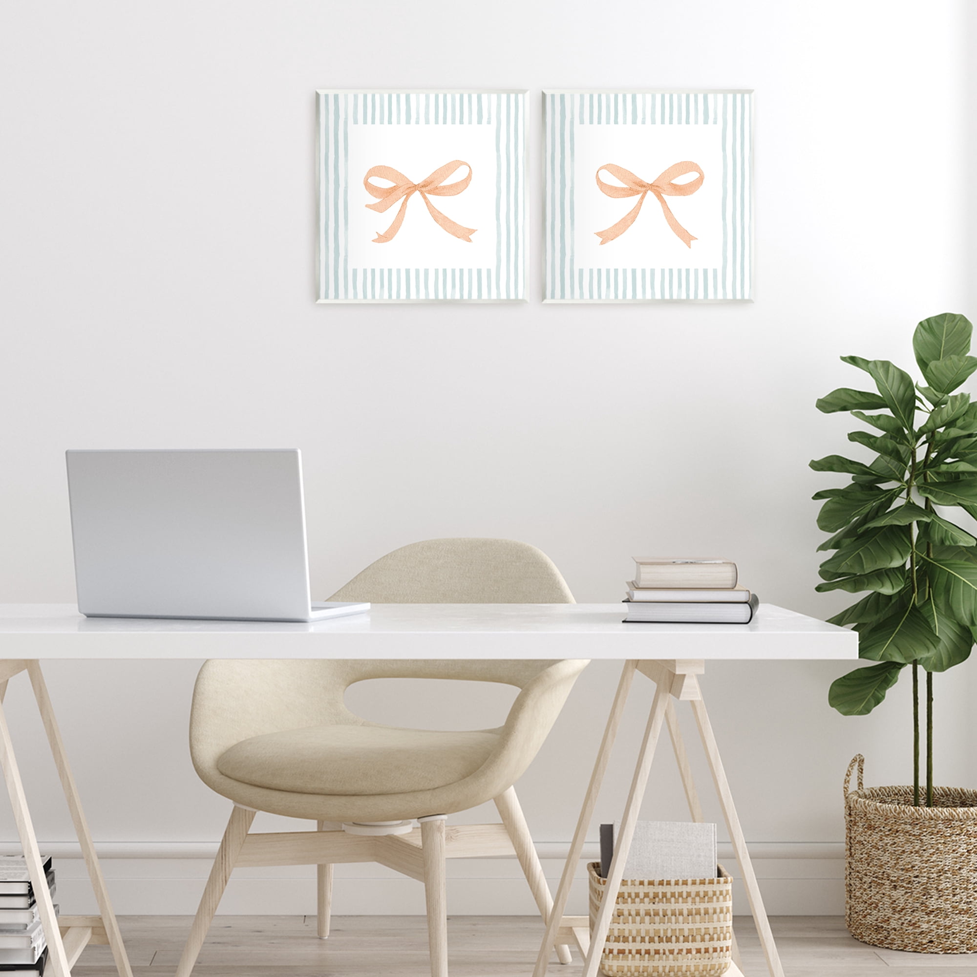 Stupell Industries Orange Bows and Blue Stripes 2 Piece Wall Plaque Art Set, design by Patricia Pinto