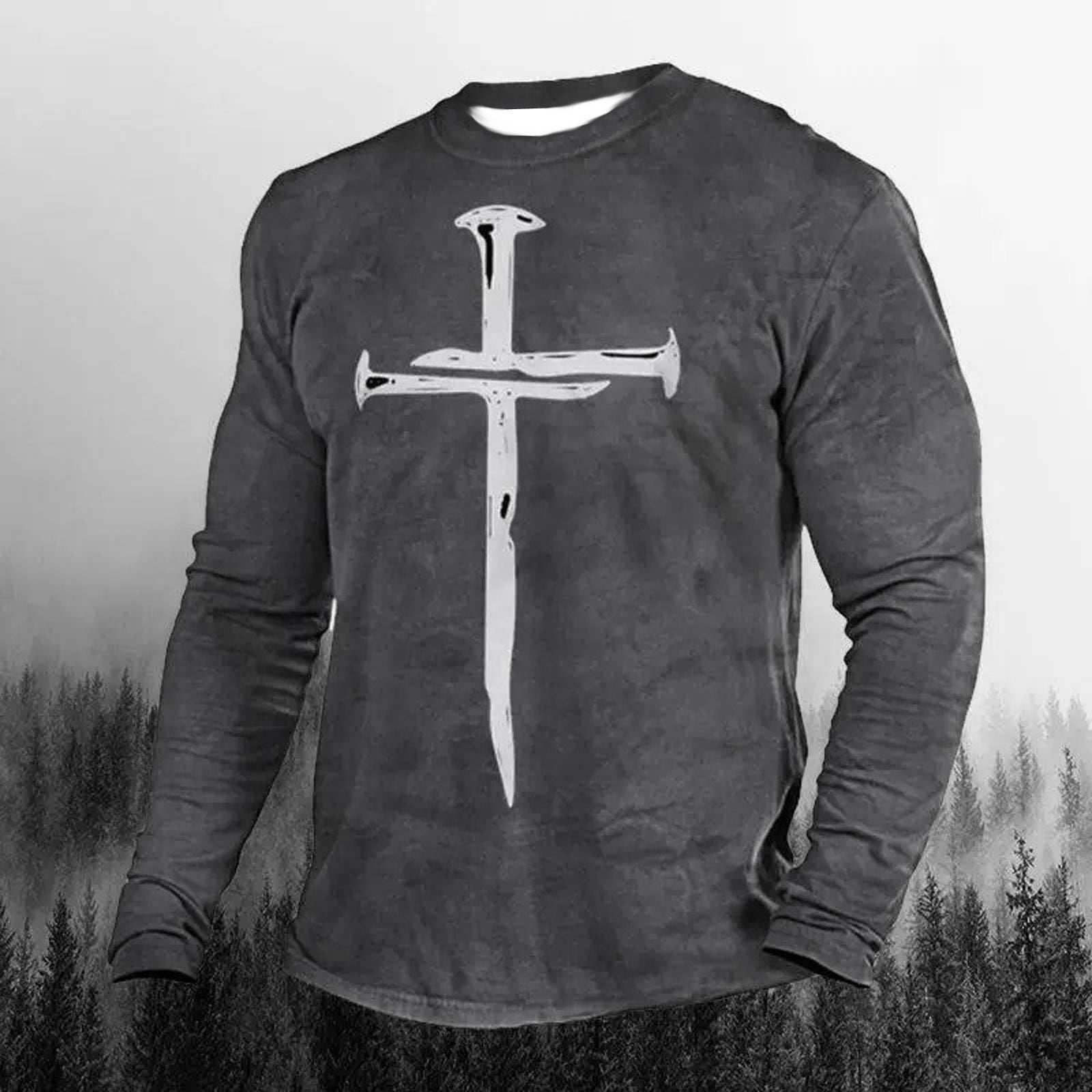 Christian Shirts for Men Jesus Cross Print Faith Long Sleeve Casual Round  Neck Vintage Graphic Tee Shirt Top