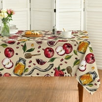Rosh Hashana Tablecloth 70×70 Inch Round, Jewish Shana Tova Apple Pomegranate Honey Food Washable Table Cover for Party Picnic Dinner Decor