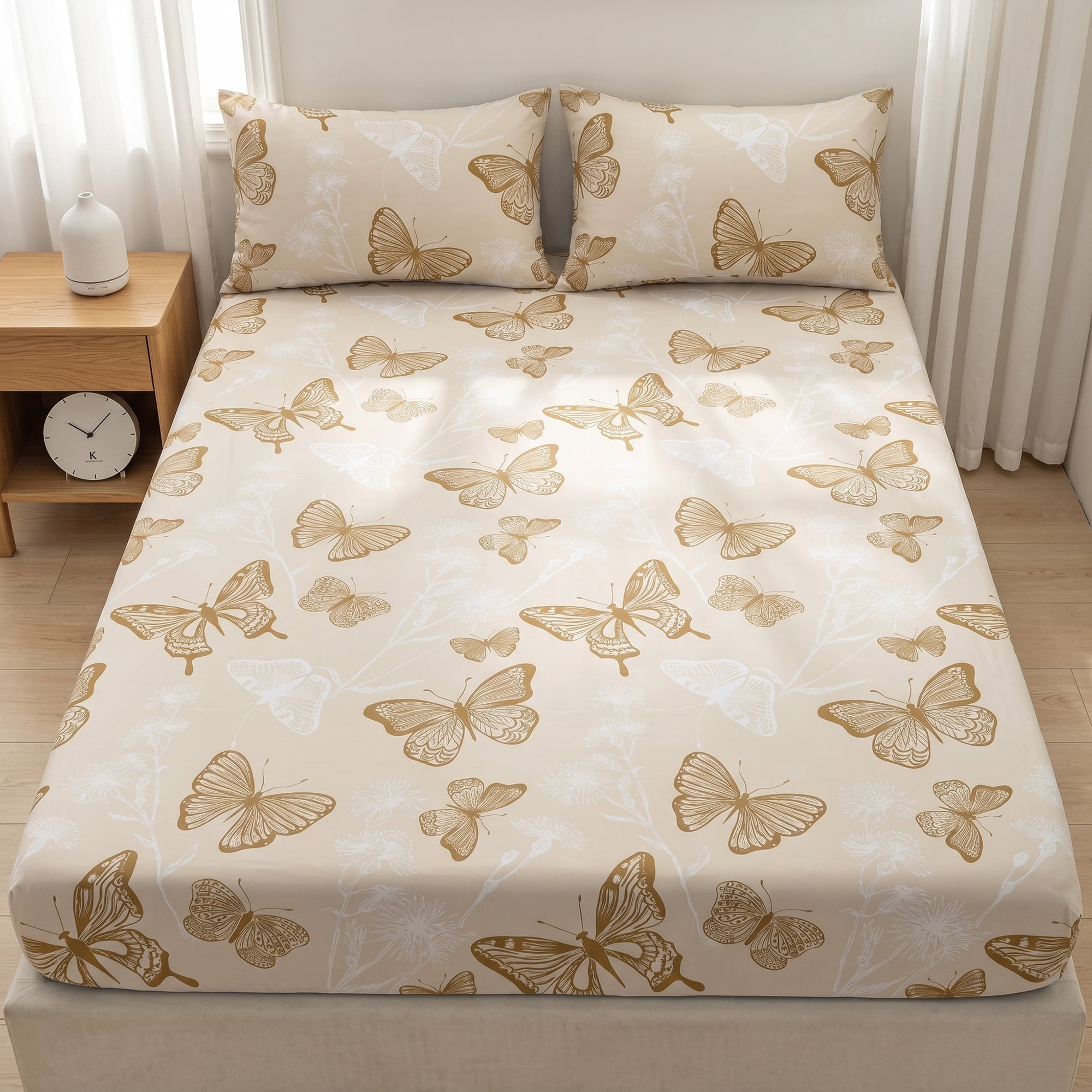 Unique Bargains Fitted Sheet Butterfly Pattern Microfiber Bed Sheets Beige 78.0"x79.9"