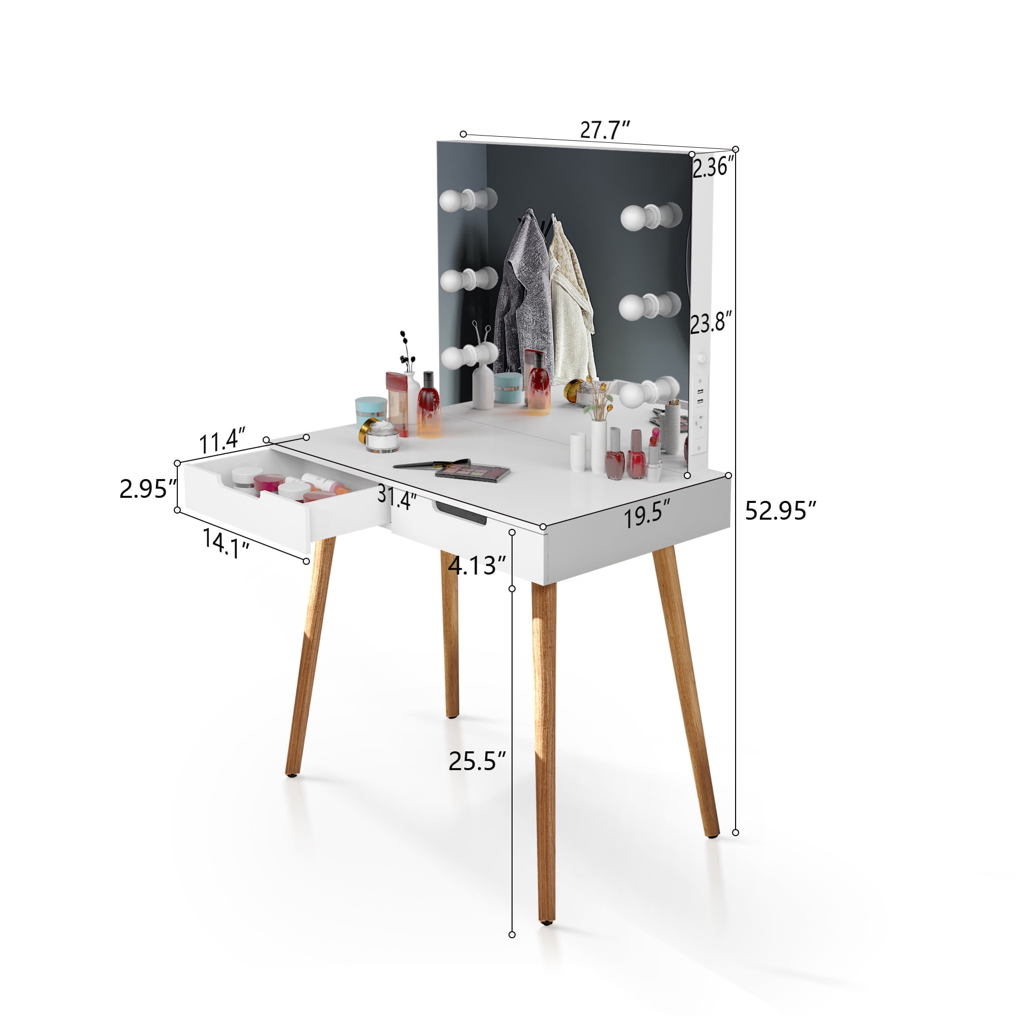 Spaco Modern Vanity Table with LED Light, Makeup Vanity Desk with 2 Wood Cosmetic Table Chest of Drawers, USB Port, White Spaco Modern Vanity Table with LED Light, Makeup Vanity Desk with 2 Wood Cosmetic Table Chest of Drawers, USB Port, White