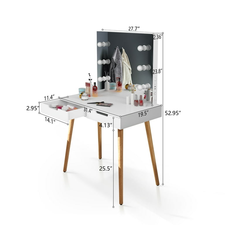 Organizedlife Vanity Table Dressing Desk with 2 Makeup Drawers Dressing Mirror With LED light White