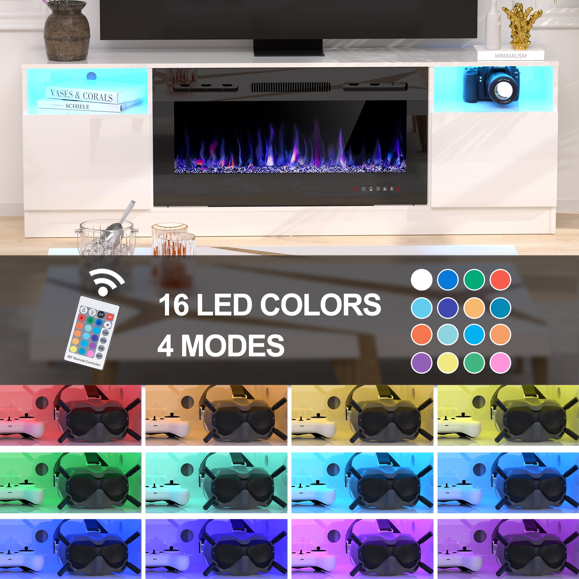 HARIPUL 70" Fireplace TV Stand for TVs Up to 80" with 36" Electric Fireplace, TV Console for The Living Room, LED Light Entertainment Center, Storage Cabinet, Media Console Table, White