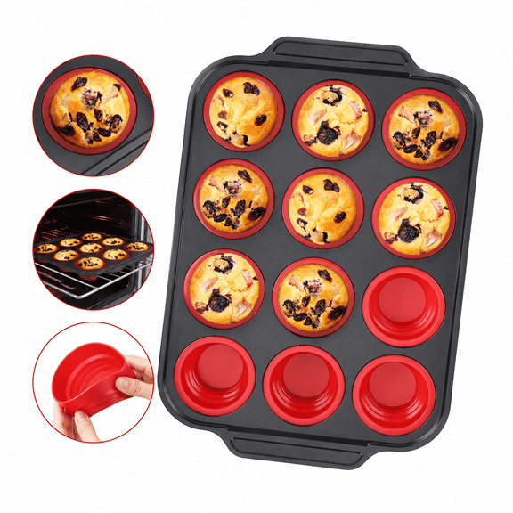 12-Cup Nonstick Silicone Muffin Pan with Metal Reinforced Frame, Foldable Cupcake & Egg Bite Mold, Oven & Dishwasher Safe for Baking