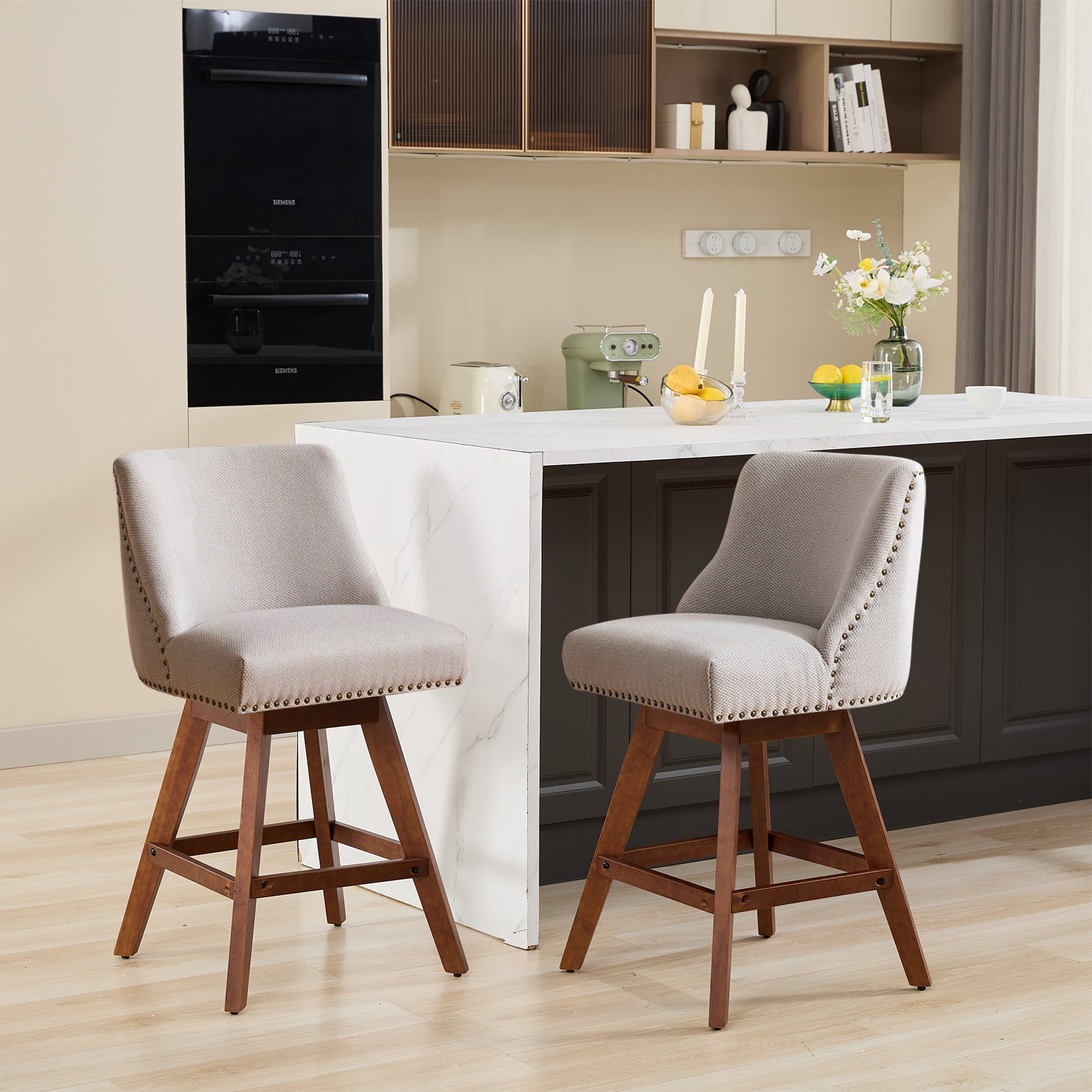 Zateety Counter Height Swivel Barstools, 26'' H Seat Height Upholstered Bar Stools Set of 2, Fabric in Ivory