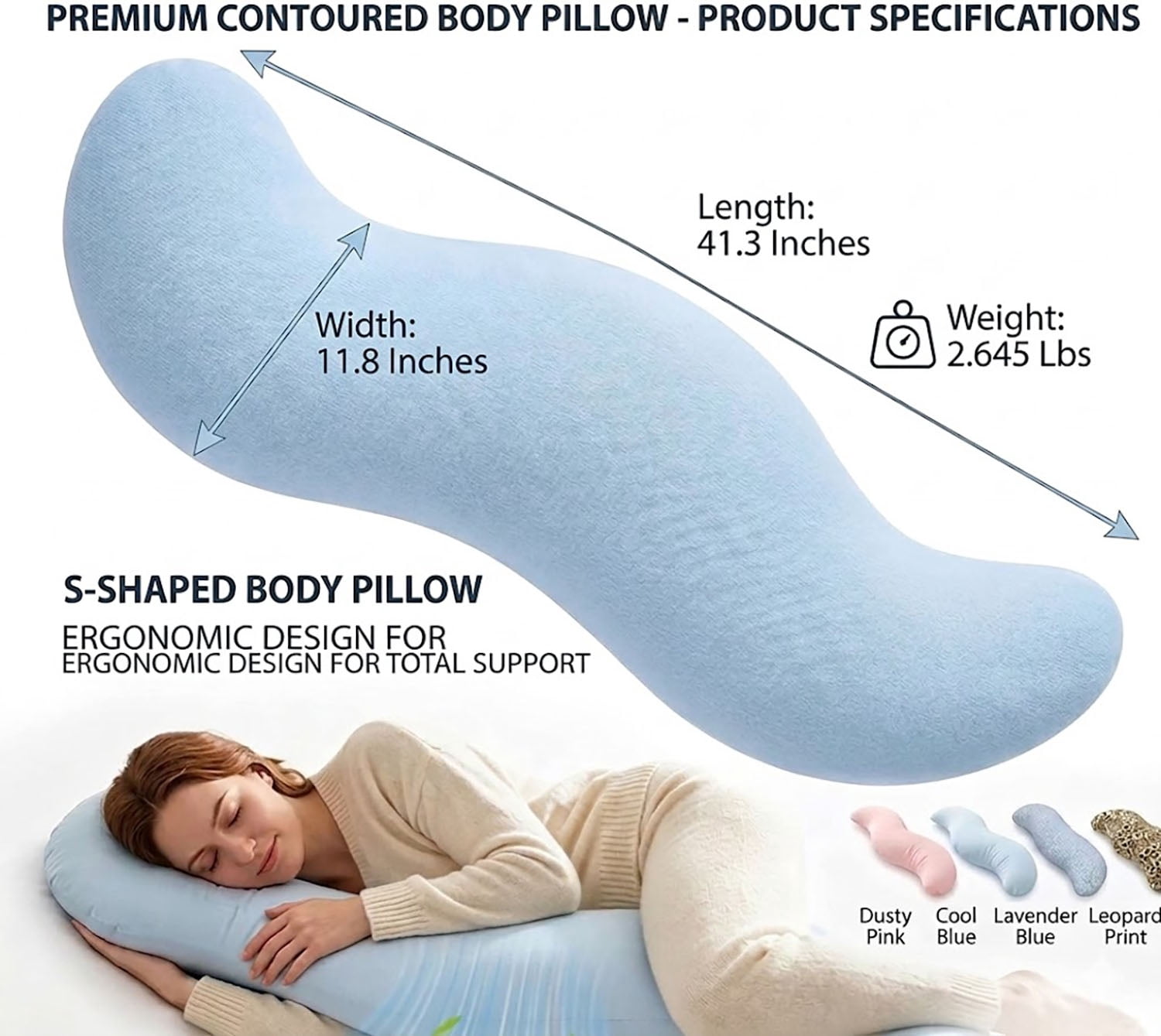 Pea Pod Body Pillow for Adults, Ergonomic Curve Cooling Pillow for Side Sleepers, Keeps Hips, Knees and Spine Aligned, Memory Foam Full Body Support Long Pillow with Washable Cover