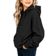 thumbnail image 3 of Girls Solid Color Hoodie, Drawstring Pocket Soft Loose Pullover, Long Sleeve Casual Top For Kids Black 11-12Years, 3 of 8