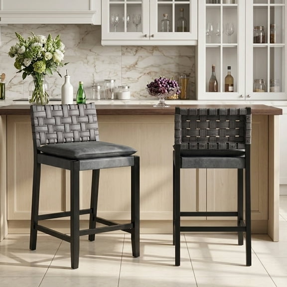 Guyou 26" Rattan Bar Stools Set of 2, Farmhouse Woven Wooden Counter Height Stools with Footrest, Leather Upholstered Bar Chairs for Kitchen Island, Pub & Bar, Black