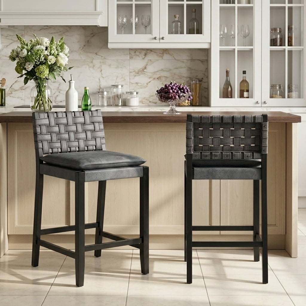 Guyou 26" Rattan Bar Stools Set of 2, Farmhouse Woven Wooden Counter Height Stools with Footrest, Leather Upholstered Bar Chairs for Kitchen Island, Pub & Bar, Black