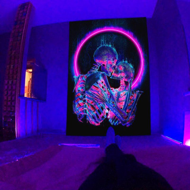 Tapiz de luz negra brillar patrón de calavera psicodélica reactiva UV Electrónica
