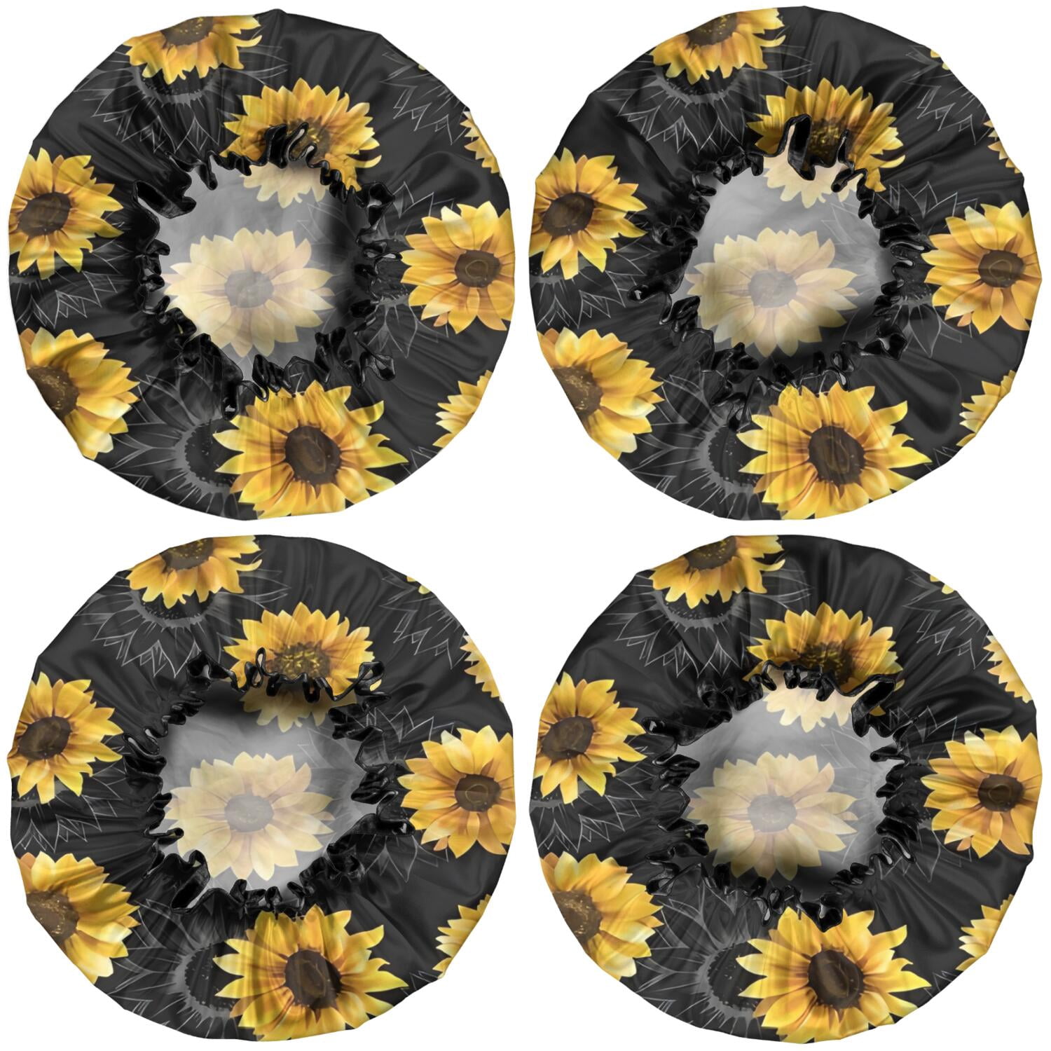 Shower Caps,Black Sunflower Gray Petal Pattern Waterproof Shower Cap for Women 4 Pieces,Double Reusable Hair Cover for Shower PEVA Elastic Stretch Hem