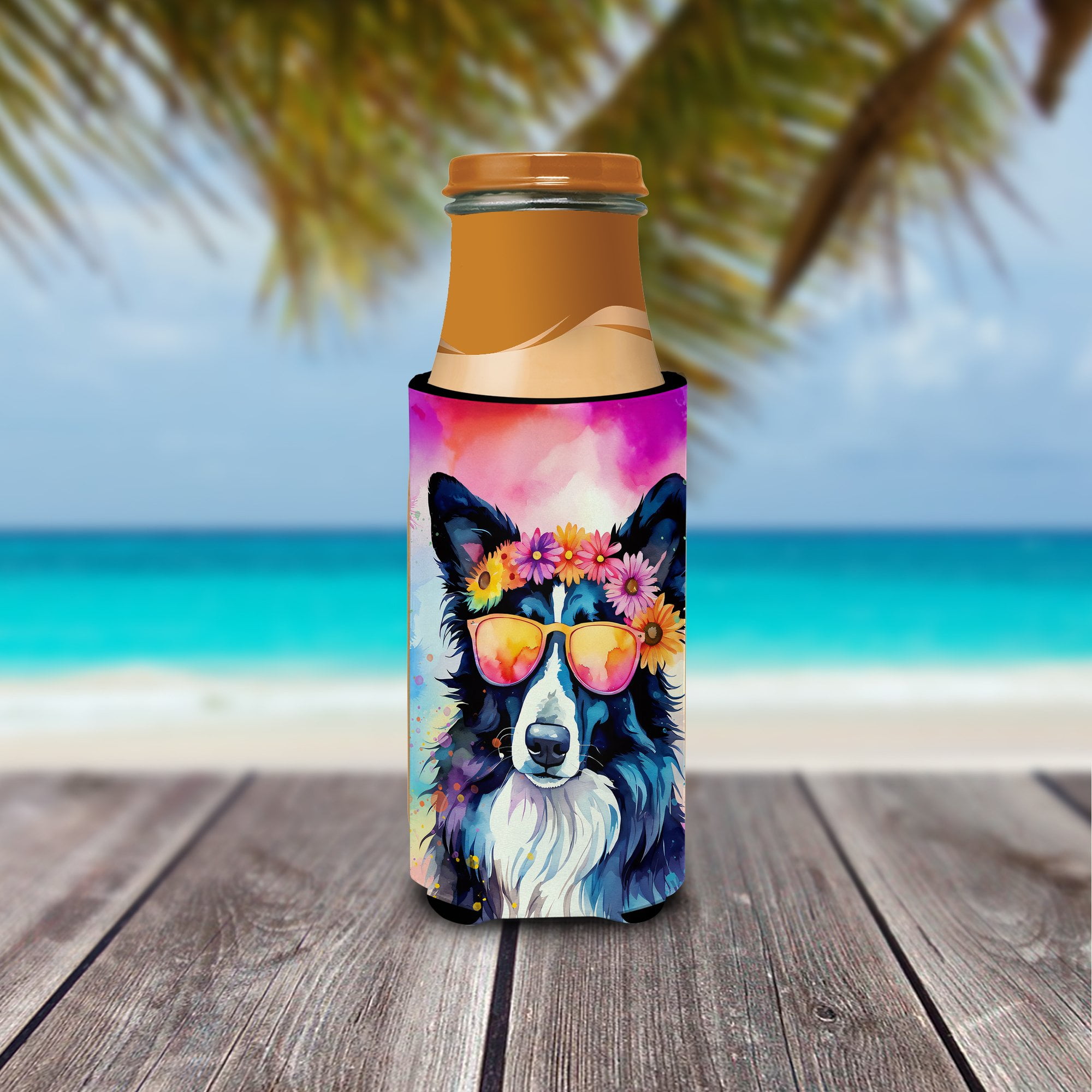 Border Collie Hippie Dawg Hugger for Ultra Slim Cans 4 in x 6.5 in