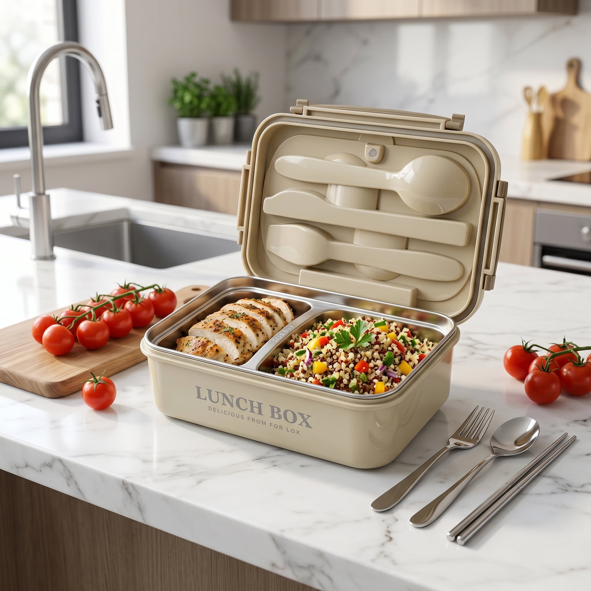 Unique Bargains 3-Compartment Leak-Proof  Lunch Bento Box with Utensils Khaki-2