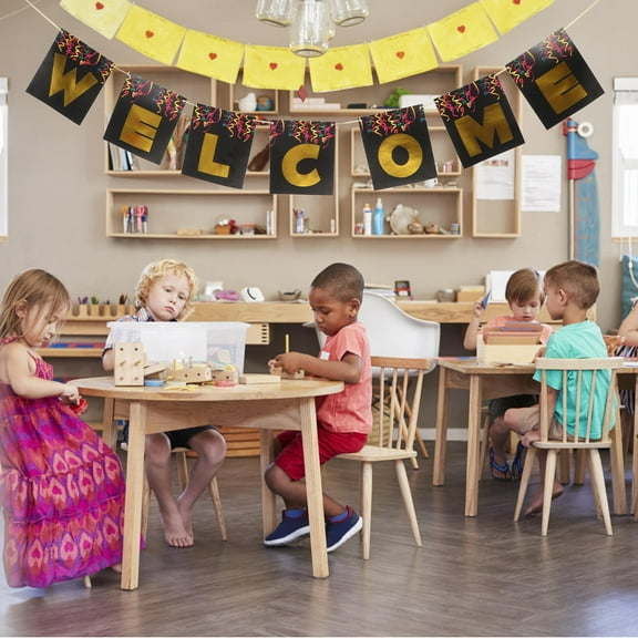 LEORX Welcome to School Banner Black and Plated Gold Foil Bunting Gar for Classroom and Events