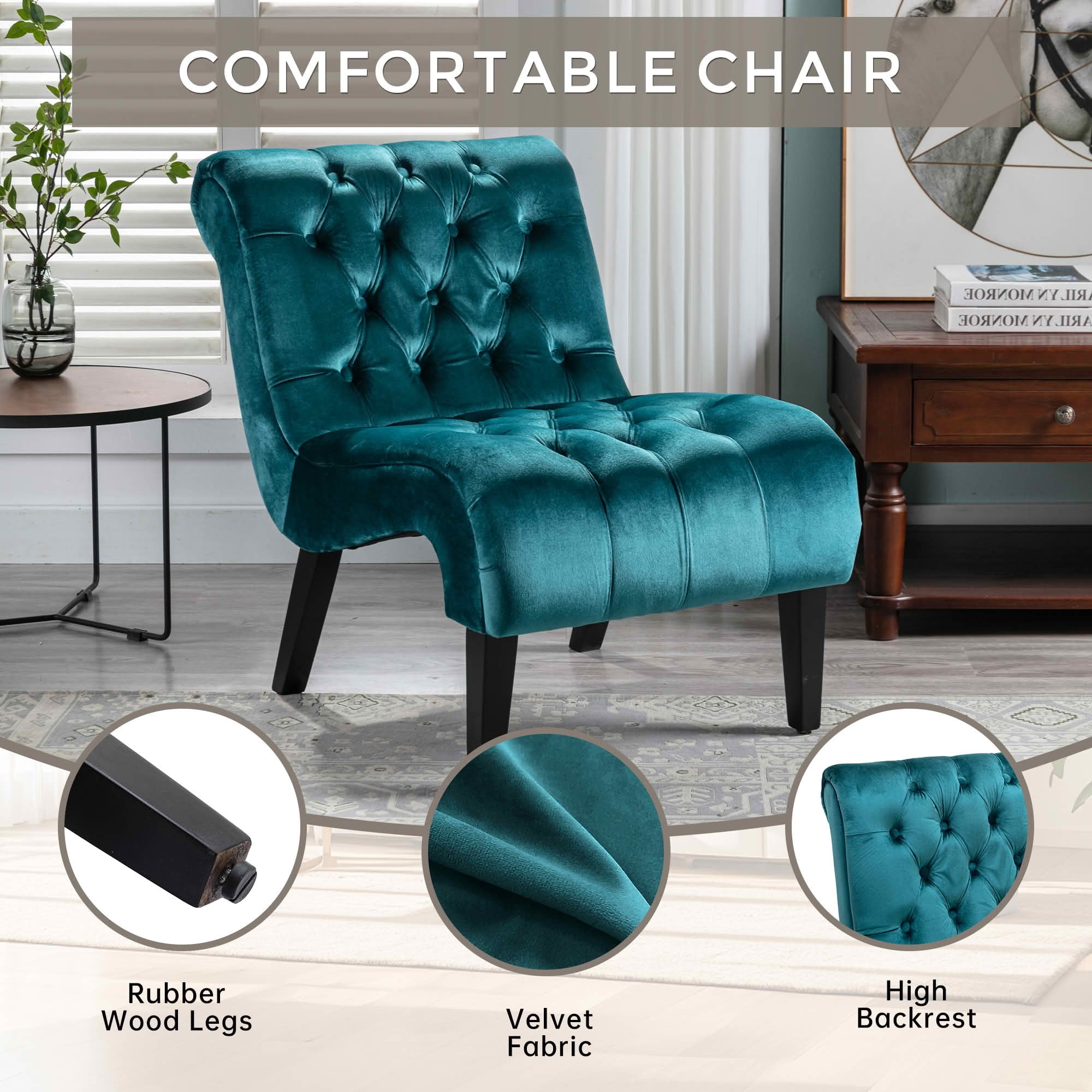 MAYEERTY 22.83-Inch Velvet Button Tufted Armless Accent Chair, Upholstered Leisure Side Chair with Wooden Legs for Bedroom Living Room Office