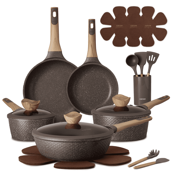 Carote 18-Piece Nonstick Pots and Pans, Granite Cookware Set with Kitchen Utensils, Brown