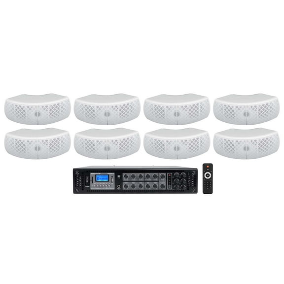 Rockville 6 Zone Commercial Amplifier (8) Dual 4" White Indoor/Outdoor Speakers