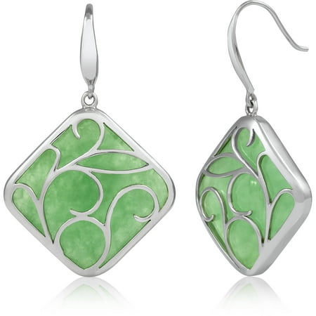 - Natural Green Jade Sterling Silver Swirl Drop Dangle Earrings