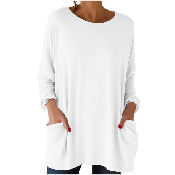Tops de Manga Larga de las Mujeres Casual Color Sólido Cuello Redondo Suelto Encaje Superior con Bolsillo, Tops de Manga Larga de las Mujeres