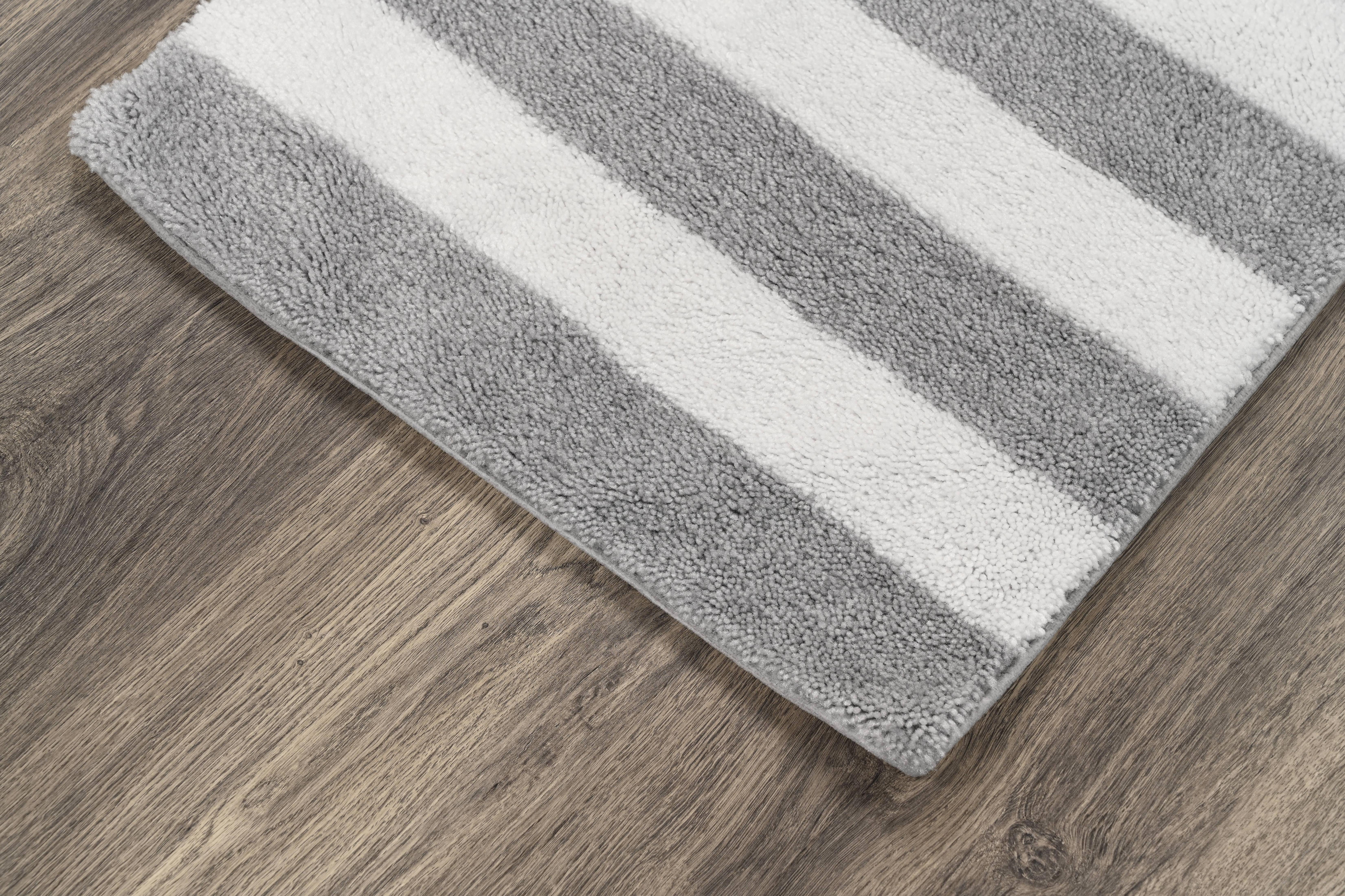 Garland Rug Beach Stripe Washable Bath Rug Set, 2 Piece Set (17"x24" Bath Rug, & 21"x34" Bath Rug) Platinum Gray/White